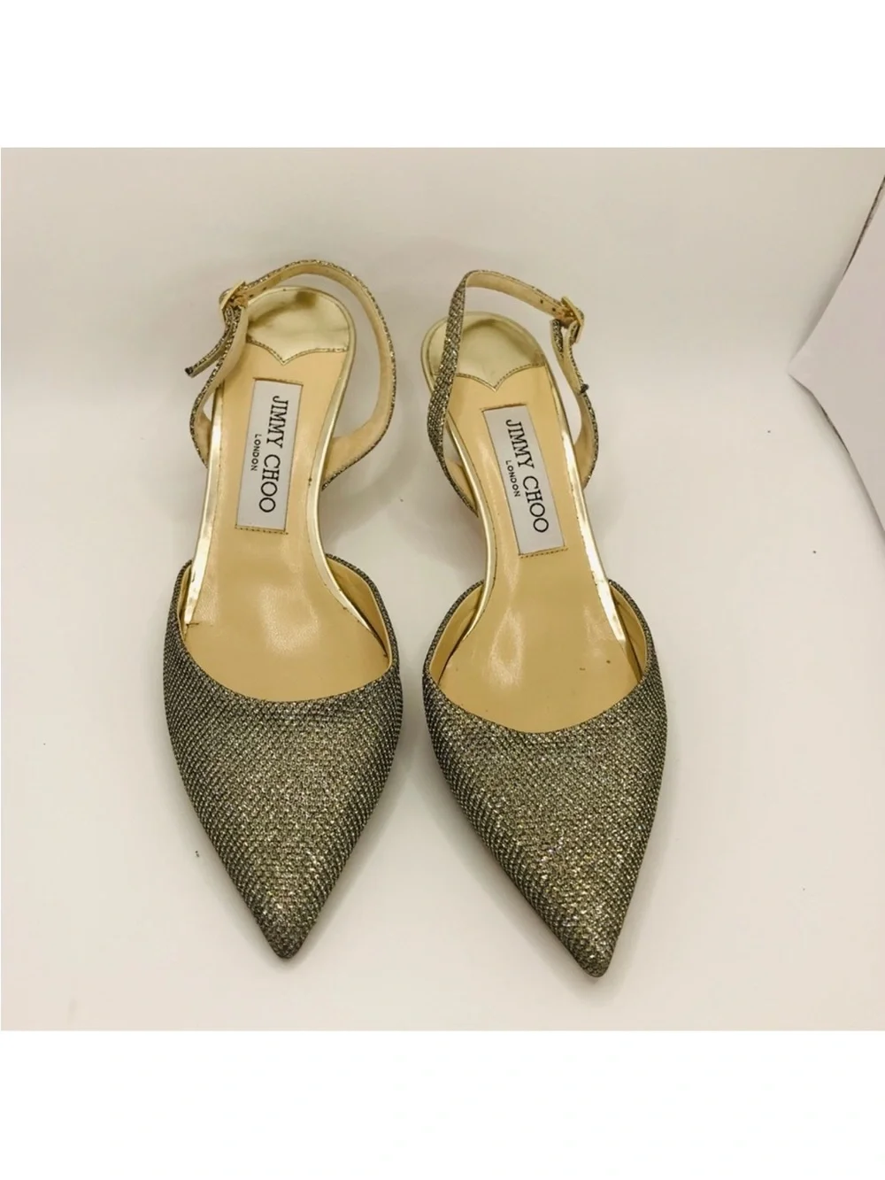 Jimmy Choo Gold Glitter Pointed Slingback Kitten Heels - Picture 7 of 9